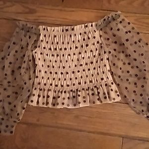 Beautiful tan pokadotted blouse, mesh puffy sleeves